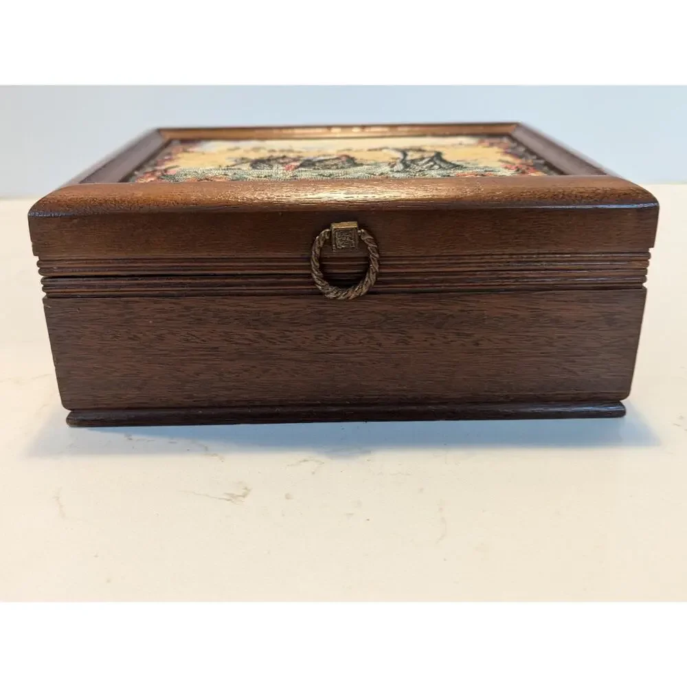Vtg Wooden Jewelry Box Needlepoint Tapestry Florals African Ethnicity
